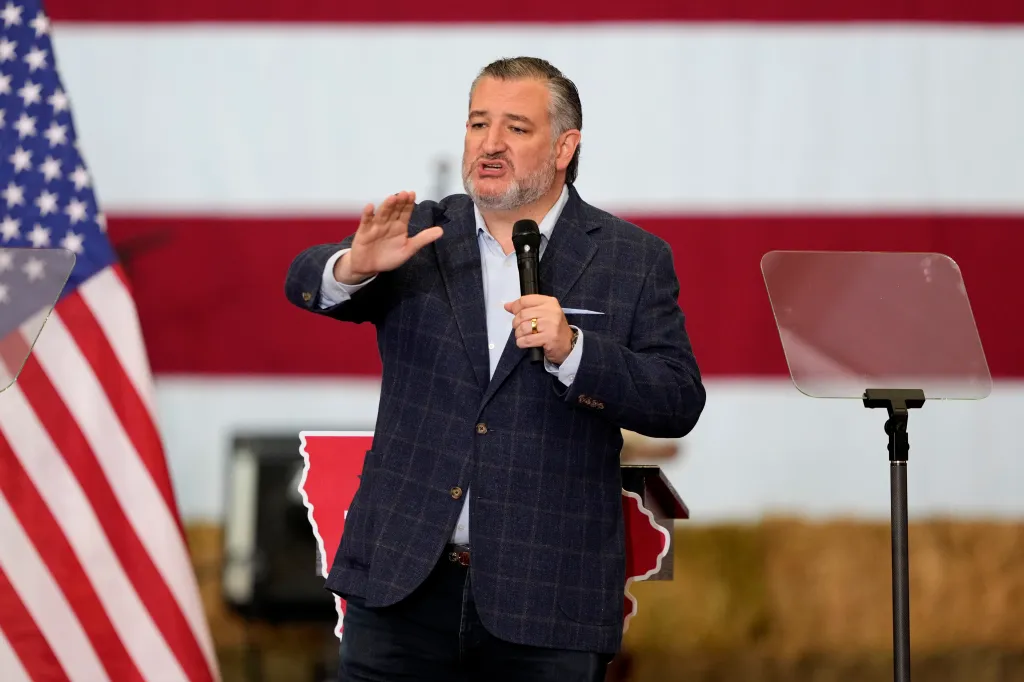 U.S. Sen. Ted Cruz speaks during a BBQ fundraiser for Iowa Republican U.S. Senate candidate Rep. Ashley Hinson.