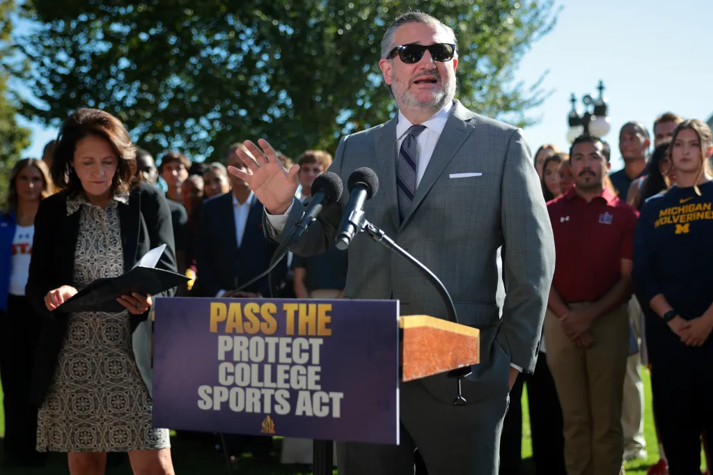 Senator Ted Cruz speaks at a press conference with Senator Maria Cantwell and student athletes about the Protect College Sports Act.