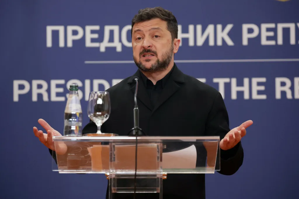 Ukrainian President Volodymyr Zelenskyy speaking at a press conference in Belgrade, Serbia.