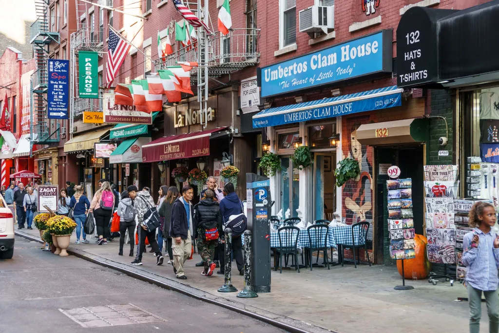 Umberto's Clam House Italian restaurant on Mulberry Street in the Little Italy neighborhood of Manhattan, New York.