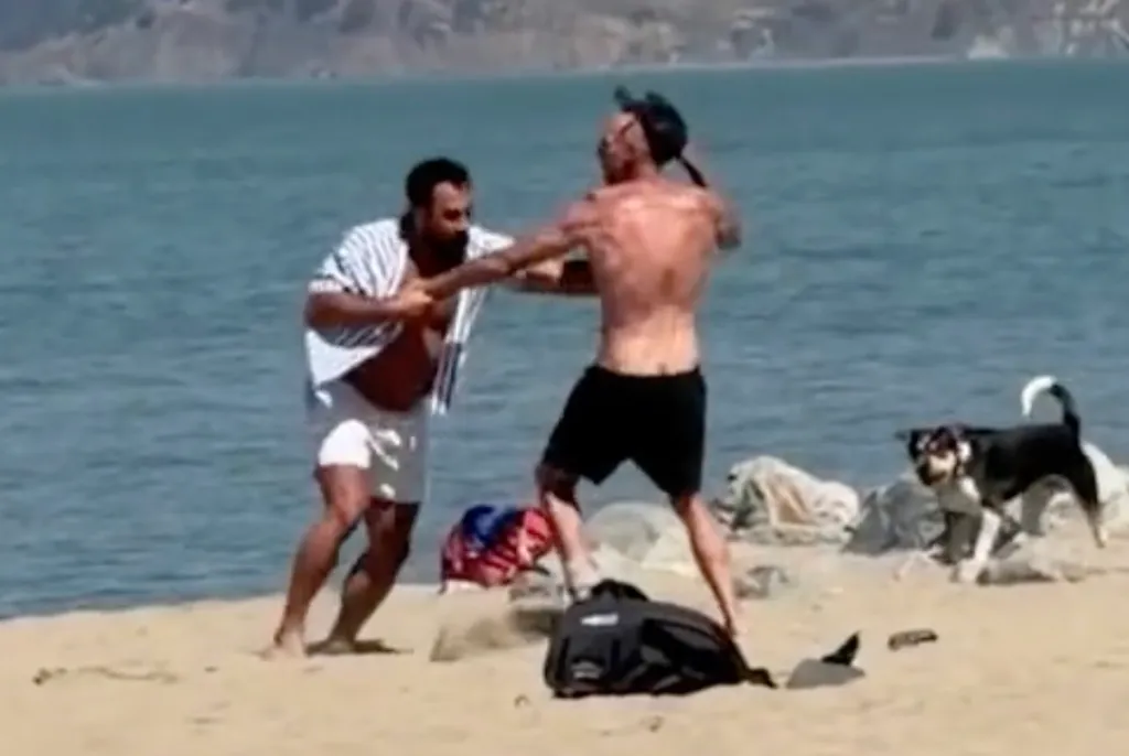 James Hidalgo (left) and an unidentified man (right) fight on a beach, with a dog watching from the right.