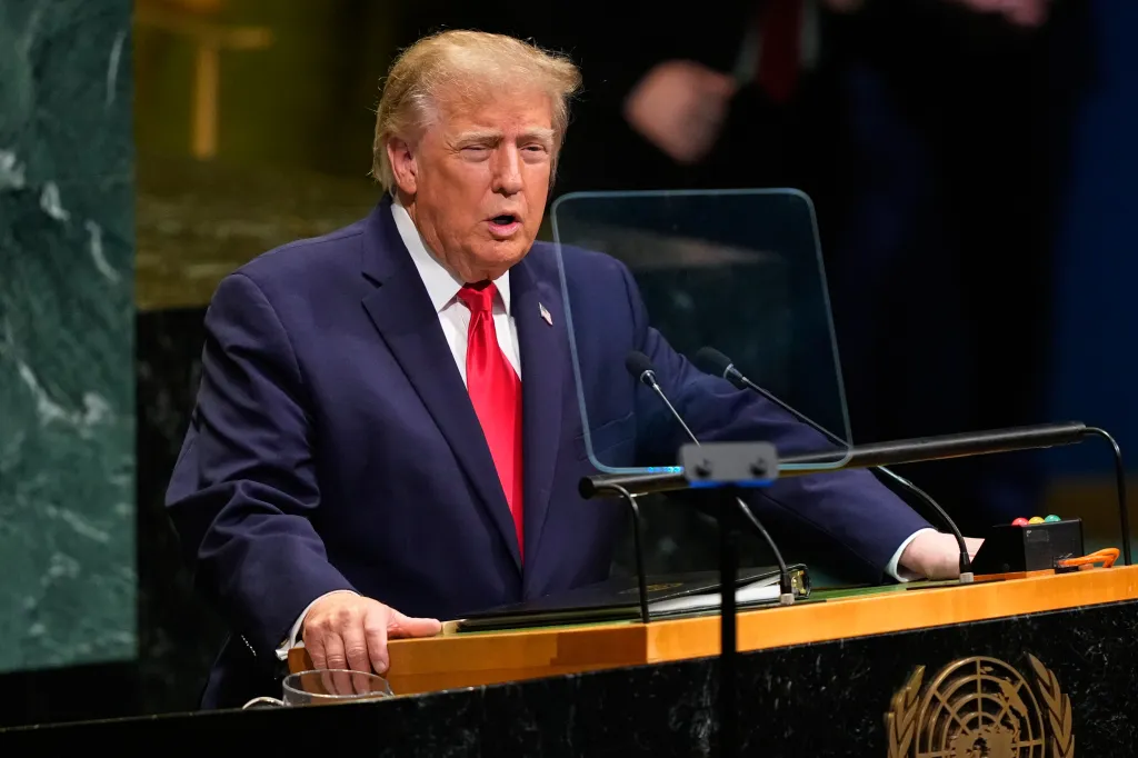 Donald Trump speaking at the United Nations General Assembly.