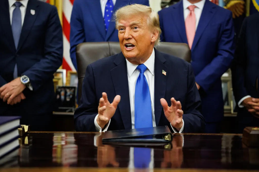 President Donald Trump speaking at a meeting with travel executives in the Oval Office.