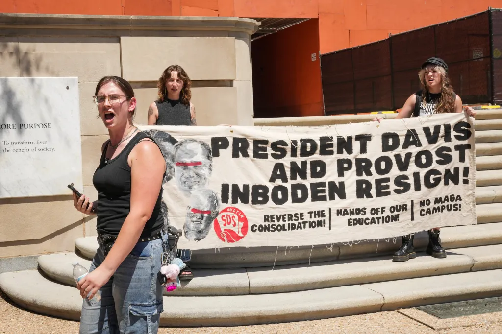University of Texas students call for the resignation of President Jim Davis and Provost William Inboden over the university's consolidation of ethnic and gender studies programs on Sept. 10, 2026.