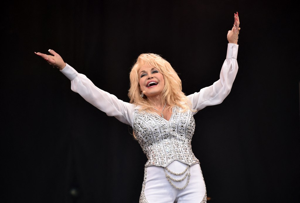 Dolly Parton performing at the Glastonbury Festival.