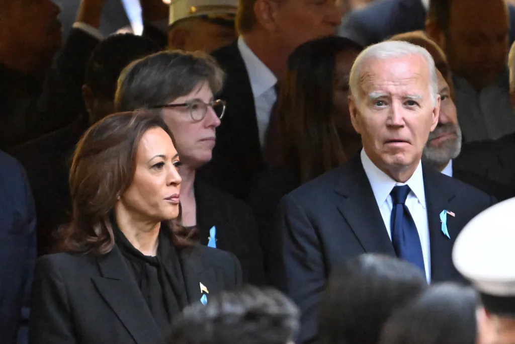 US Vice President Kamala Harris, US President Joe Biden, former NYC mayor Mike Bloomberg, Donald Trump and JD Vance attend the ceremony marking the 23rd anniversary of the September 11 terror attacks at Ground Zero in lower Manhattan on Wednesday, September 11, 2024. NYC Mayor Adams did not attend the ceremony due to testing positive for COVID-19 earlier in the week.