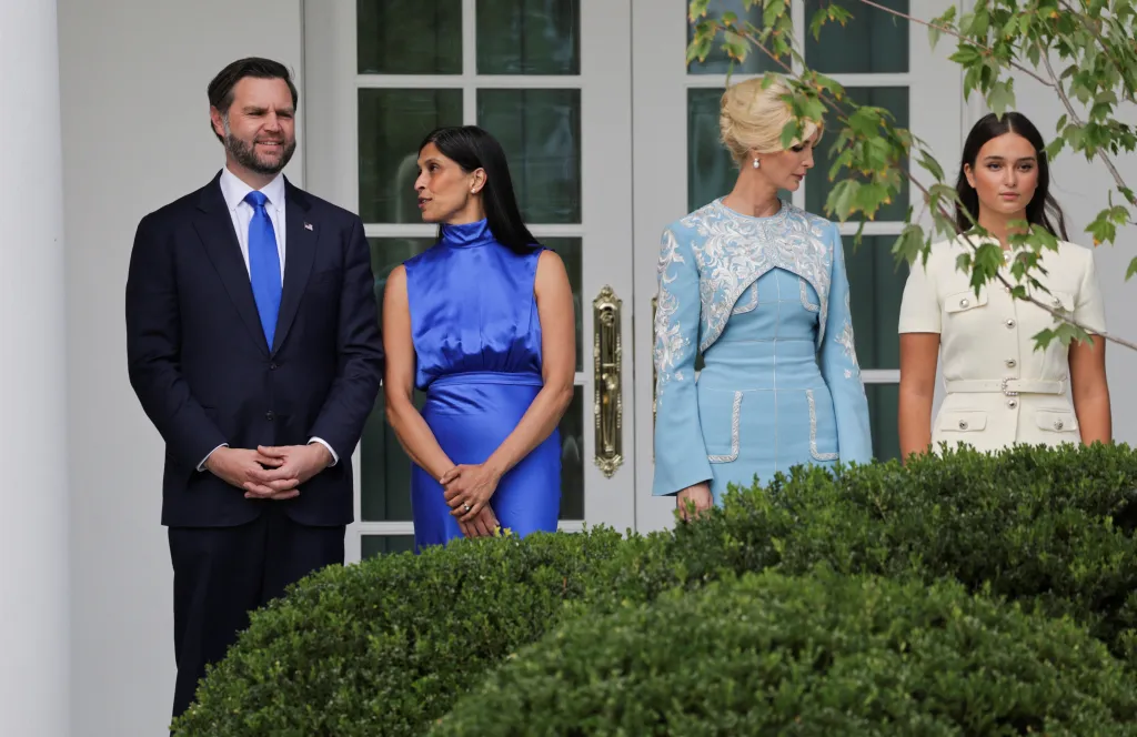 US Vice President JD Vance, Usha Vance, Ivanka Trump, and Arabella Rose Kushner watching a military demonstration at the White House.