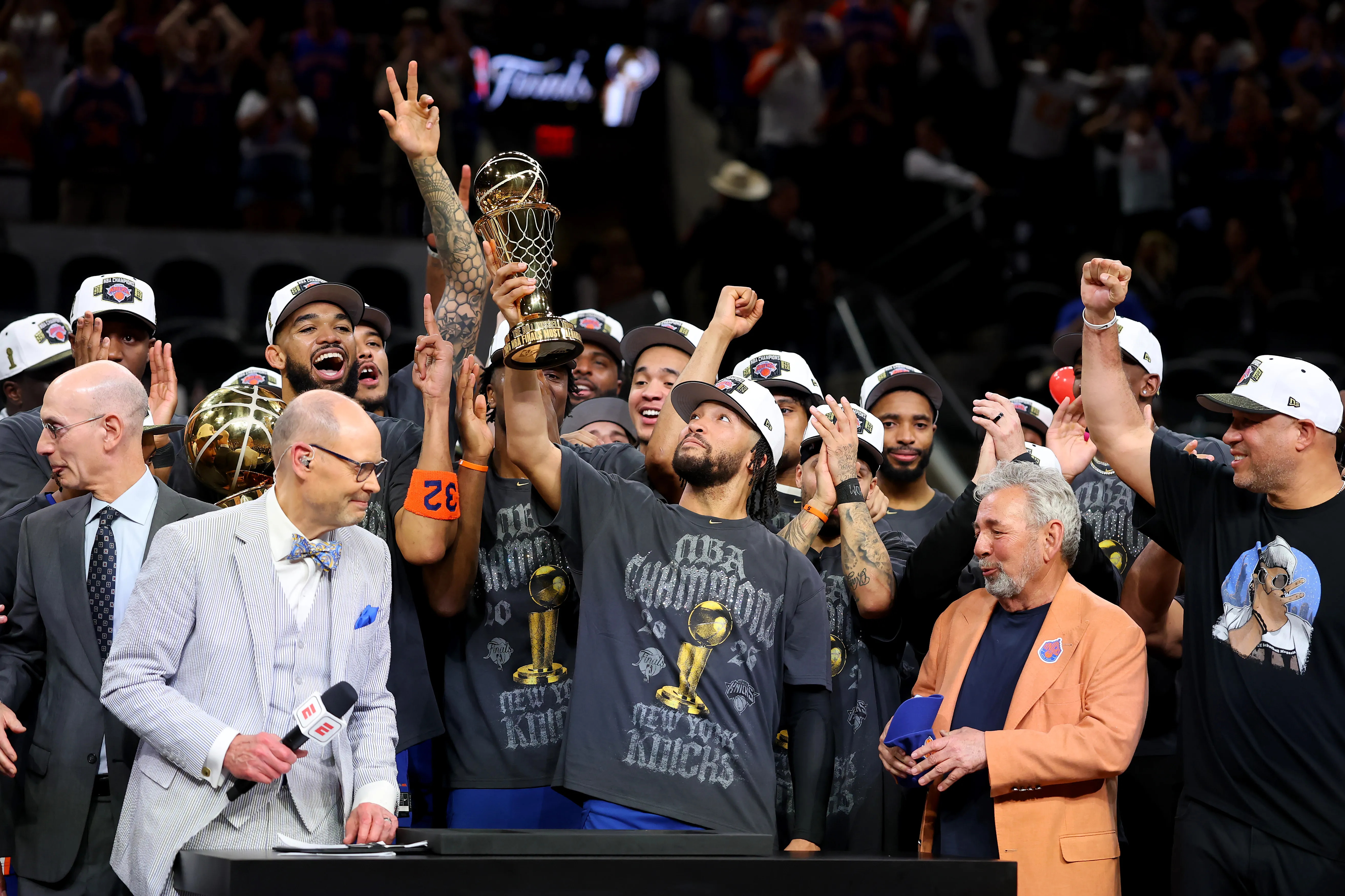 SAN ANTONIO, TEXAS - JUNE 13: Jalen Brunson #11 of the New York Knicks lifts the Bill Russell NBA Finals Most Valuable Player Award trophy after defeating the San Antonio Spurs in Game Five of the 2026 NBA Finals at Frost Bank Center on June 13, 2026 in San Antonio, Texas. NOTE TO USER: User expressly acknowledges and agrees that, by downloading and or using this photograph, User is consenting to the terms and conditions of the Getty Images License Agreement. (Photo by Gregory Shamus/Getty Images)
2026 NBA Finals - Game Five