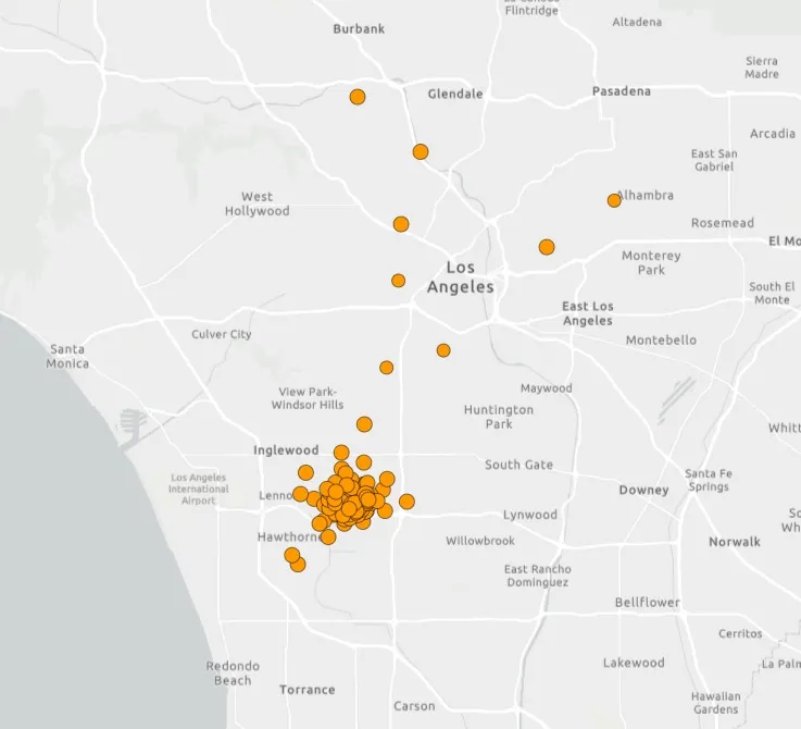 Map showing recent earthquakes as orange dots across Southern California.