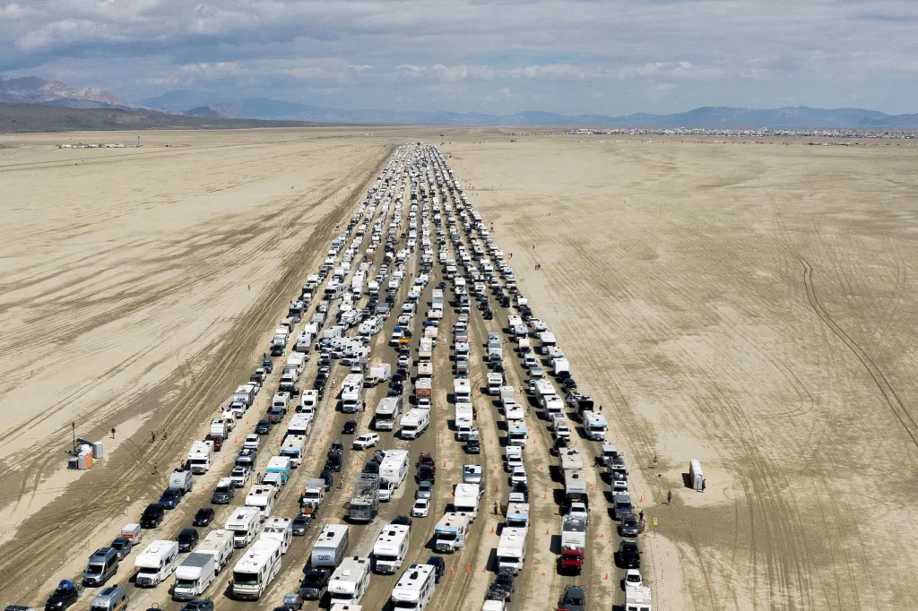 A traffic jam of vehicles departing Black Rock City after Burning Man 2023.