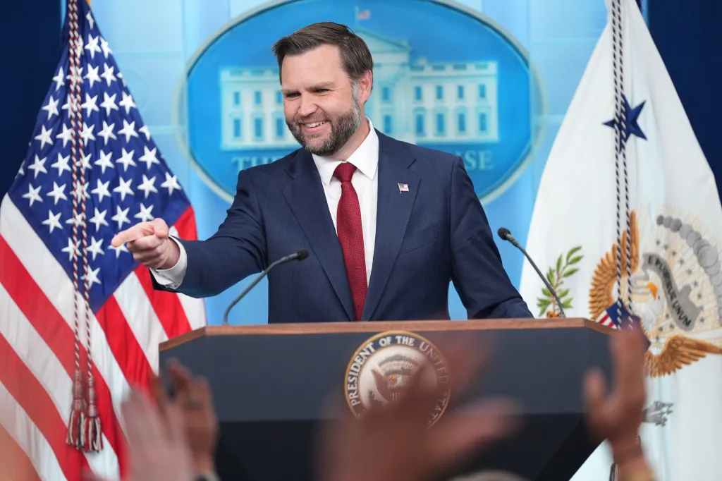Vice President JD Vance speaks at a press briefing at the White House.