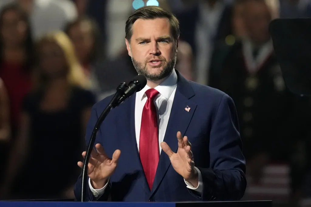 Vice President JD Vance speaks at the Republican convention in Dallas.