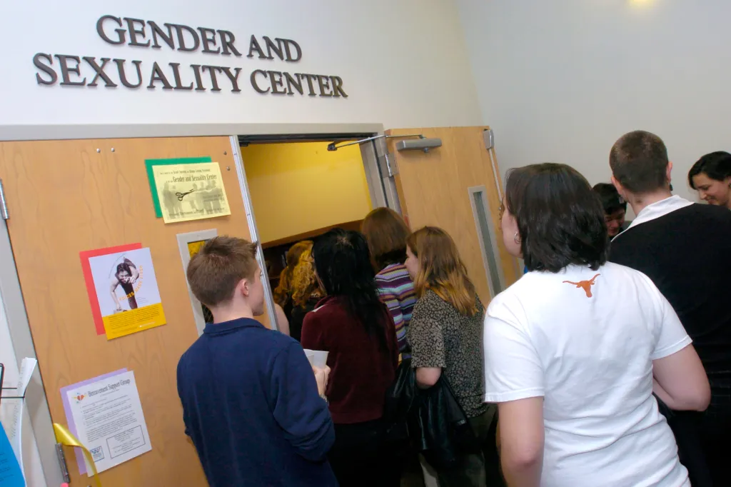 University of Texas at Austin students attend the grand opening of the university's Gender and Sexuality Center in Austin, Texas on Jan. 28, 2005.