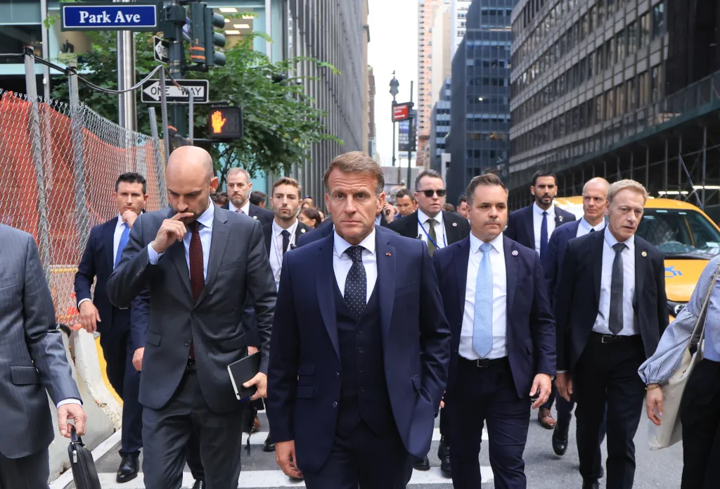 French President Emmanuel Macron and Foreign Affairs Minister Jean-Noël Barrot walking to Trump Tower in New York City.