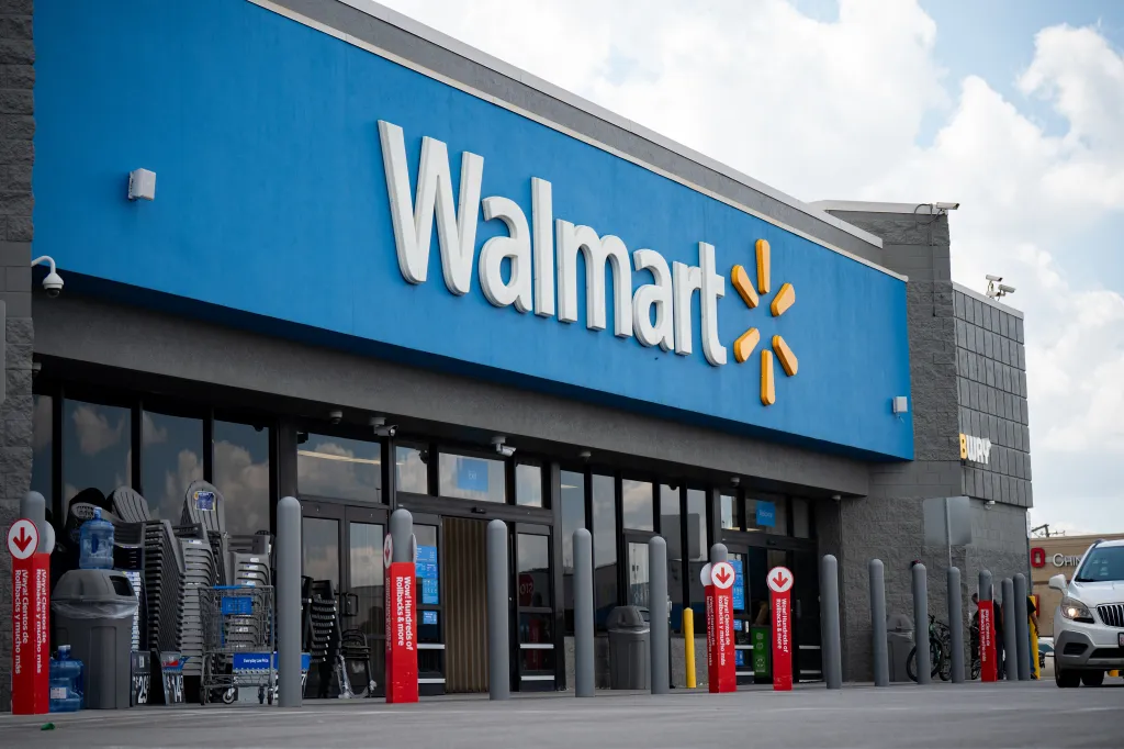 The outside of a Walmart store. 