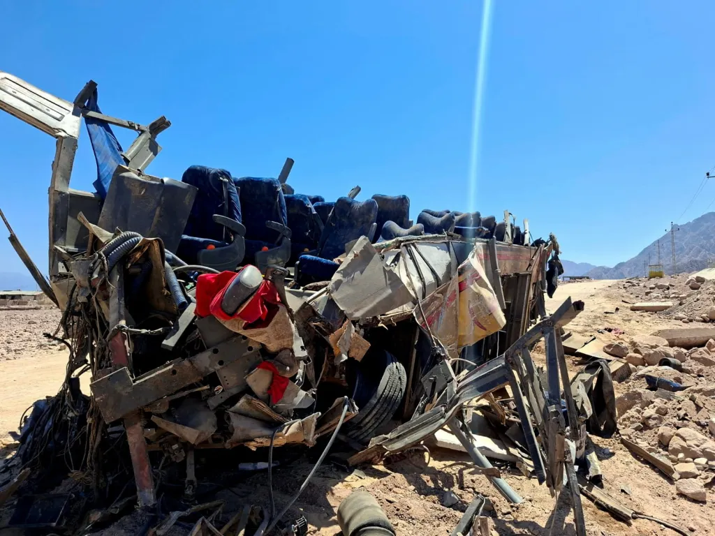 Wreckage of a bus on the Dahab-Nuweiba road in South Sinai, Egypt, after a deadly accident.