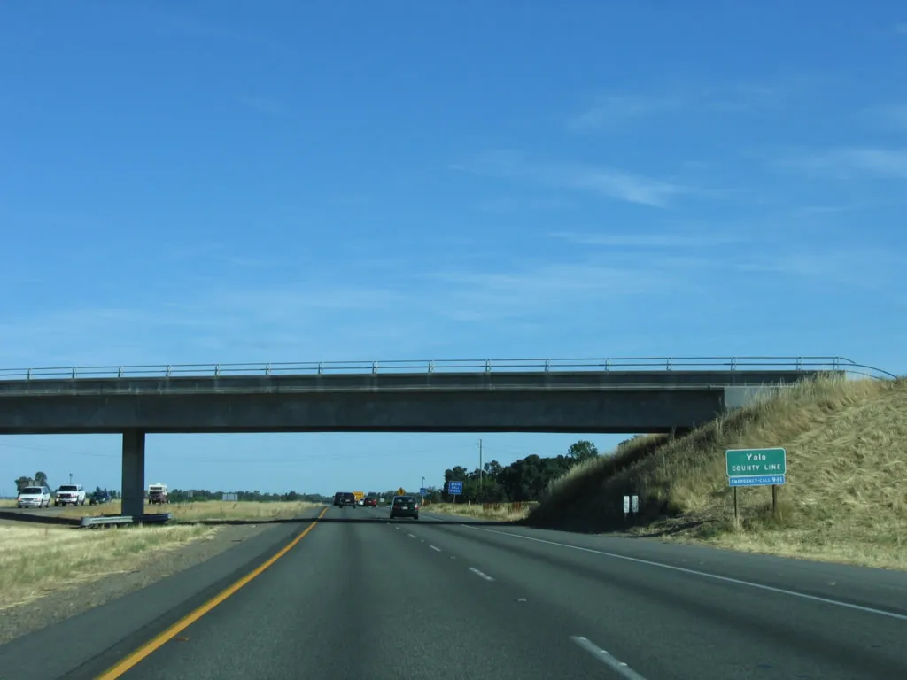 I-5 freeway in Yolo County with an overpass and a