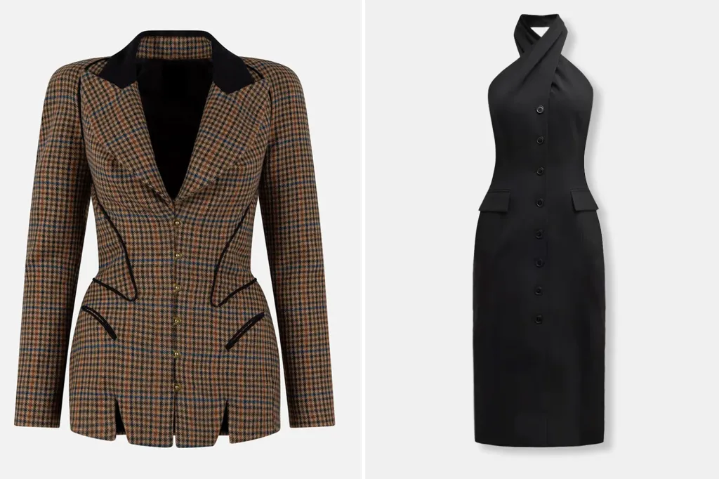 Collage of a brown and black plaid jacket and a black sleeveless button-up dress.