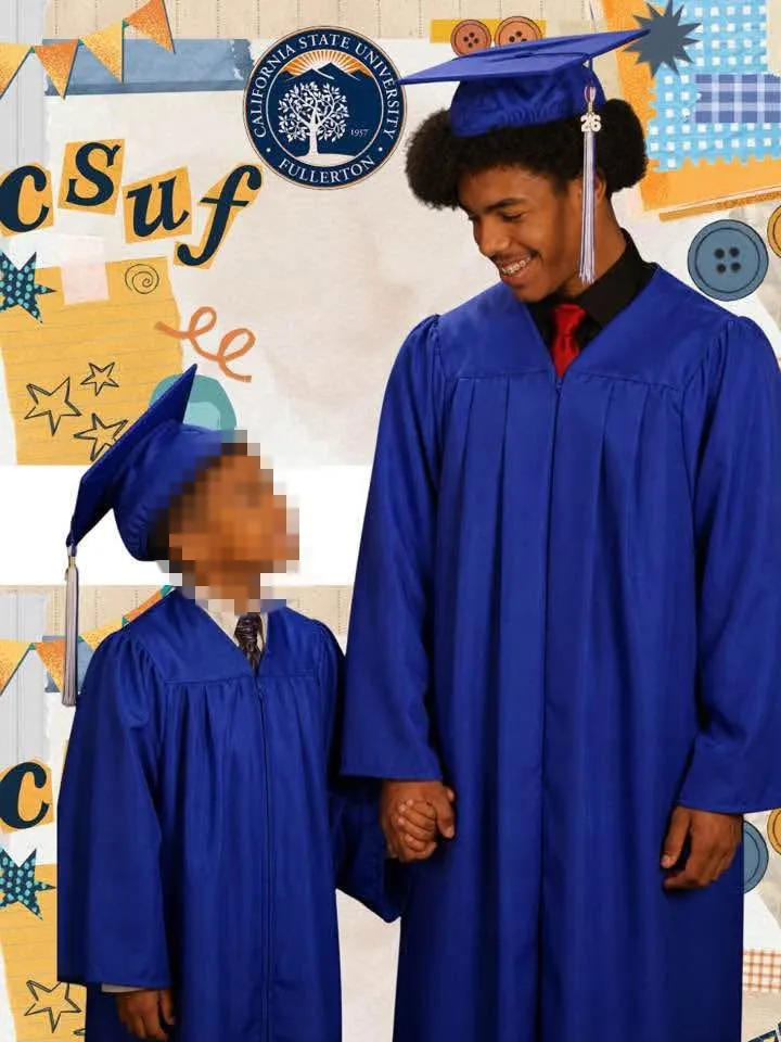 Anthony Blas in a blue graduation gown and cap, holding hands with a child also in a blue graduation gown, against a collage background with 