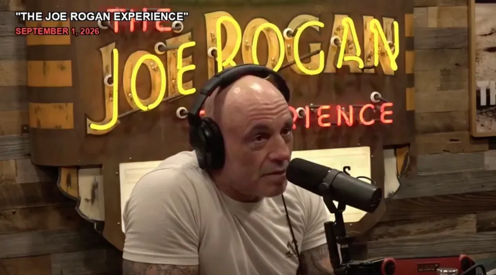 Joe Rogan wearing headphones and speaking into a microphone.