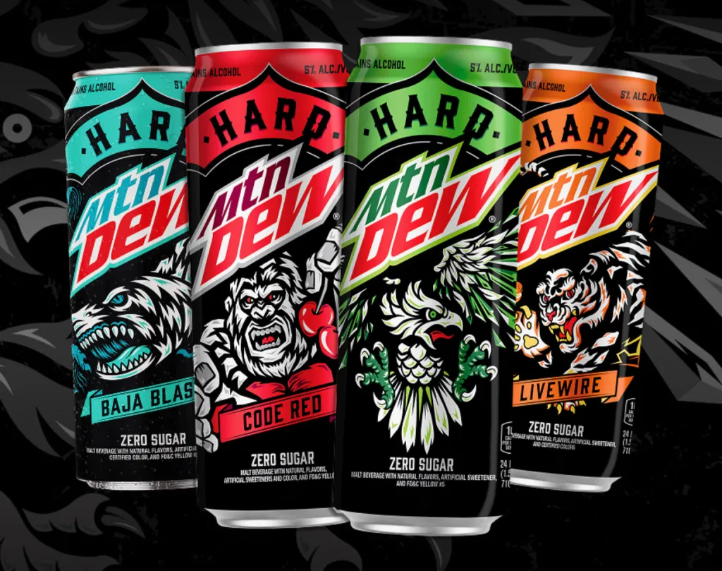 Four cans of Hard Mtn Dew, each a different flavor: Baja Blast, Code Red, Livewire, and an unspecified flavor with an eagle.