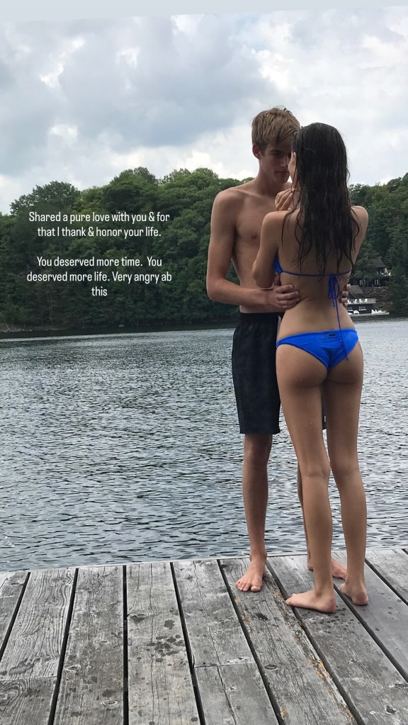 Charlotte D'Alessio and Presley Gerber standing on a dock over a lake with the text: