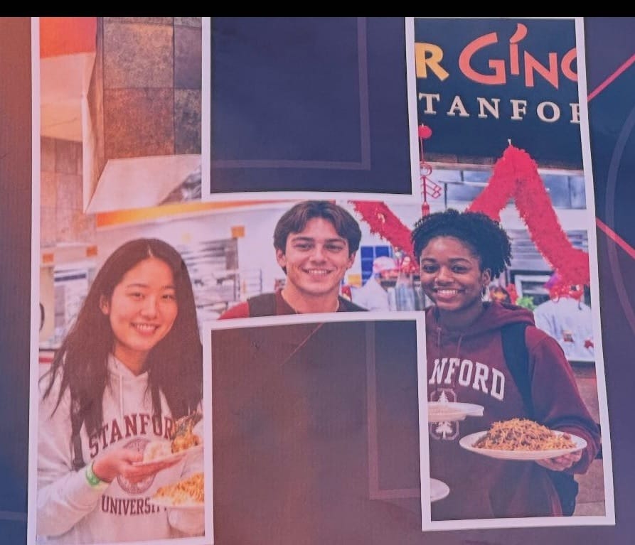 An advertisement showing three smiling Stanford students, one Asian woman, one white man, and one Black woman, holding plates of food.