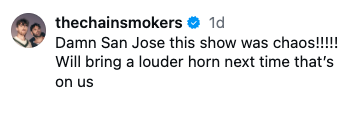 An Instagram post by The Chainsmokers joking about a chaotic show where 14 people were hospitalized.