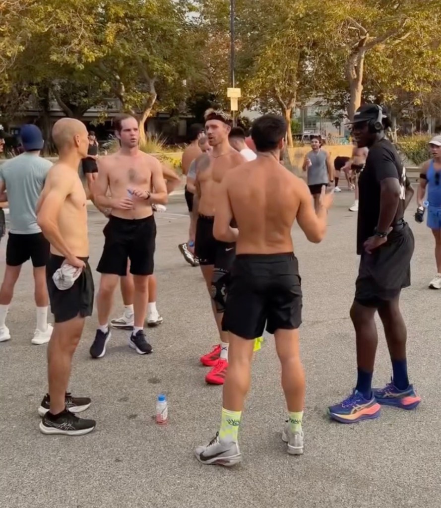 A run club meets in Venice Beach, California.
