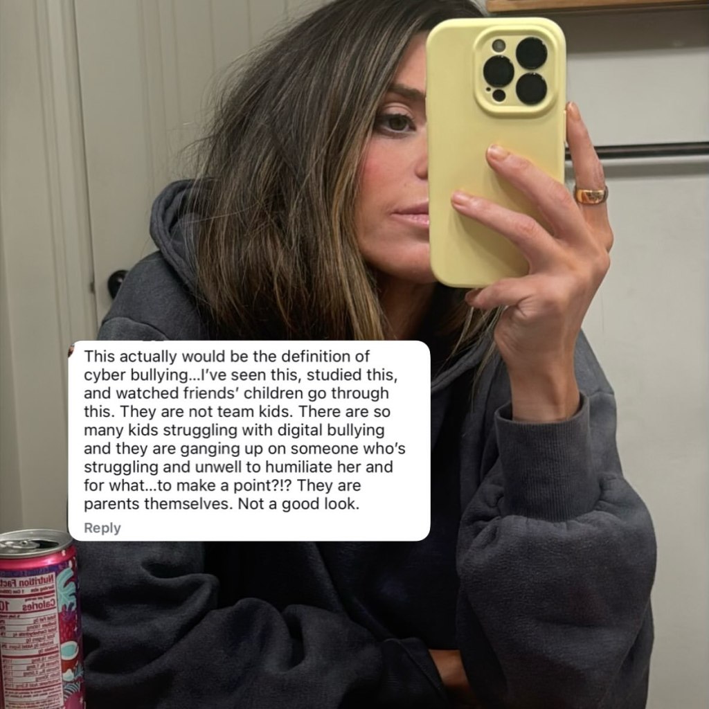 Taylor Frankie Paul holding a phone to her face, with a comment about cyberbullying overlaid.