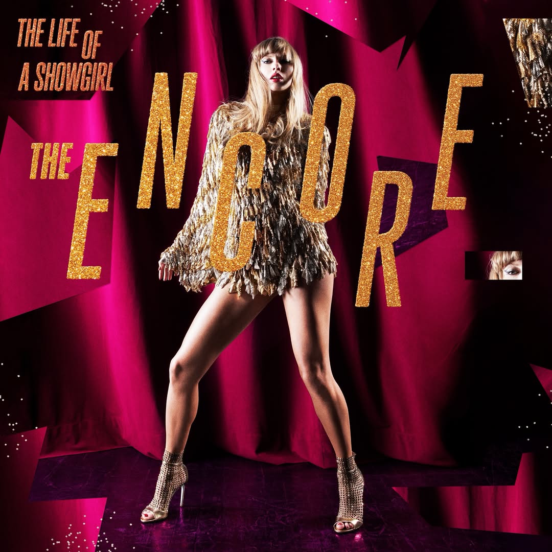 Taylor Swift in a gold fringe dress and sparkly heels, with 