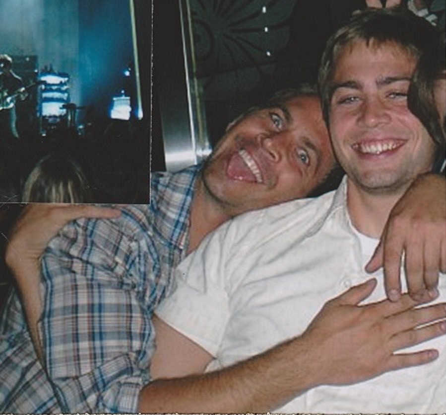 Collage of Paul Walker with his brother Cody Walker, with Cody's head resting on Paul's shoulder and Paul smiling.