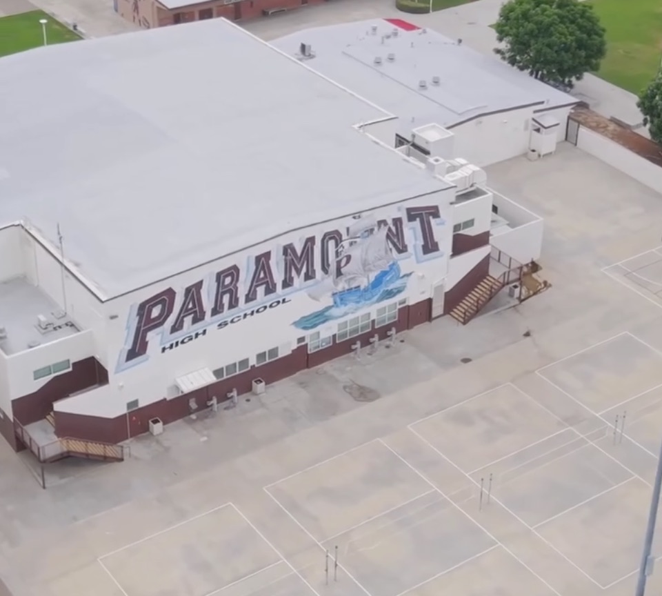 Aerial view of Paramount High School in California, with 