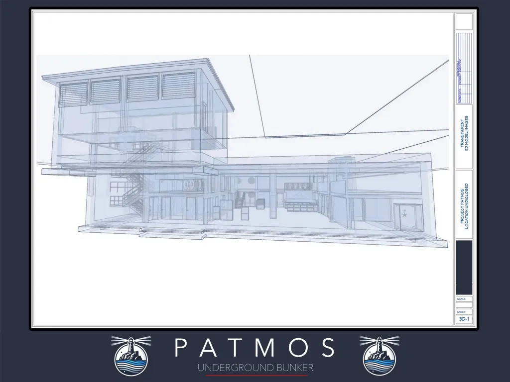 Illustration of a transparent 3D model of an underground bunker labeled 