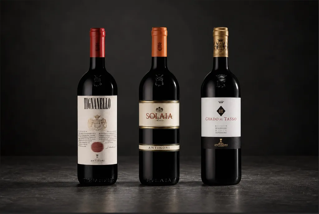 Bottles of 2023 Tignanello, Solaia and Guado al Tasso red wine displayed side by side against a dark background.