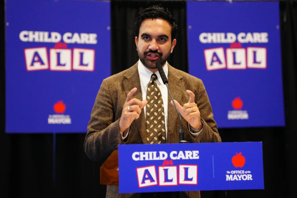 New York City Mayor Zohran Mamdani speaks at a press conference at BronxWorks to announce the expansion of the free child care program.