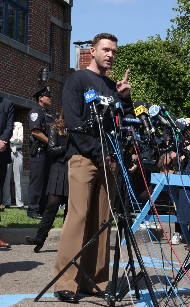 Justin Timberlake speaks to the media outside the Sag Harbor Village Justice Court.