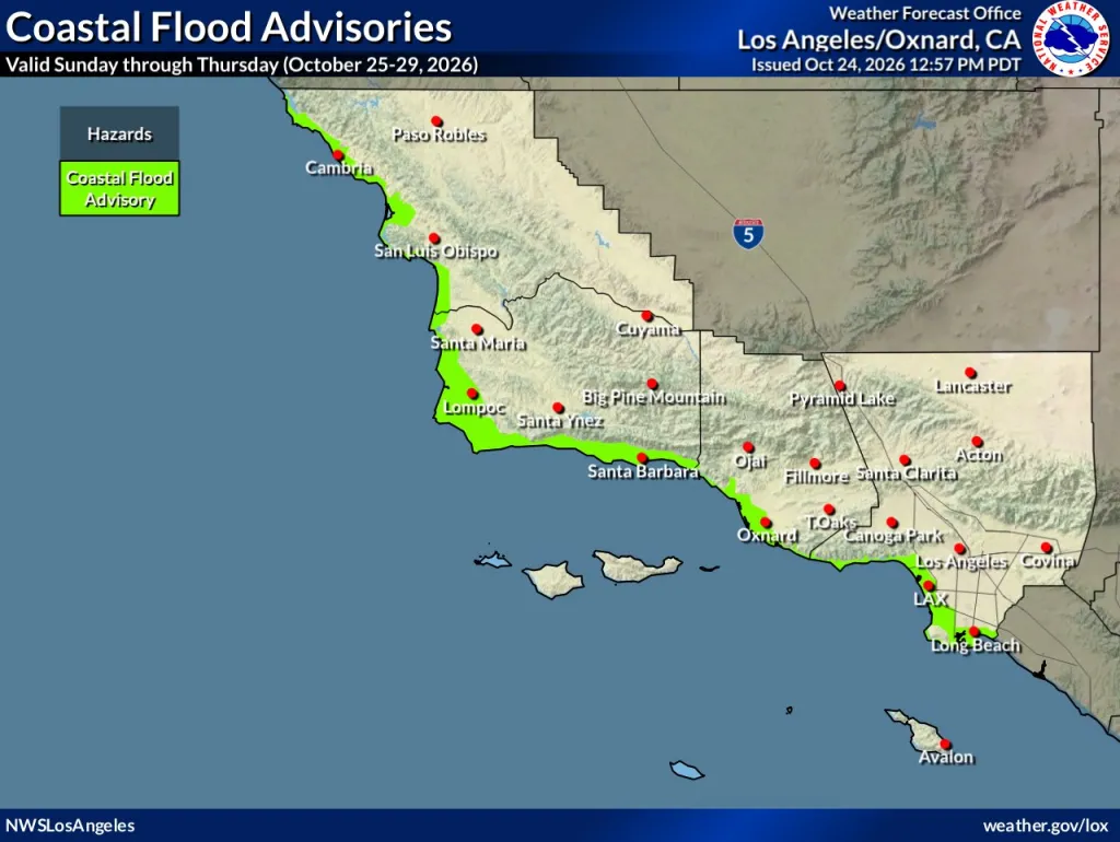 A weather map of Southern California showing areas under a coastal flood advisory highlighted in green along the coast from San Luis Obispo County through Los Angeles County.