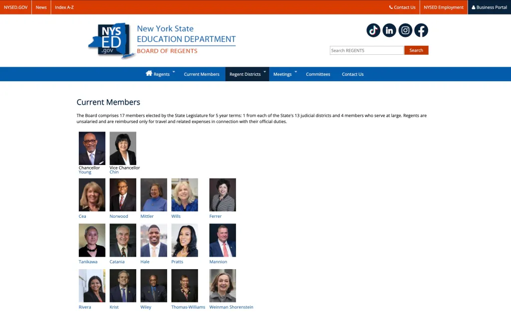 Webpage for the New York State Education Department Board of Regents showing current members with their photos and names.