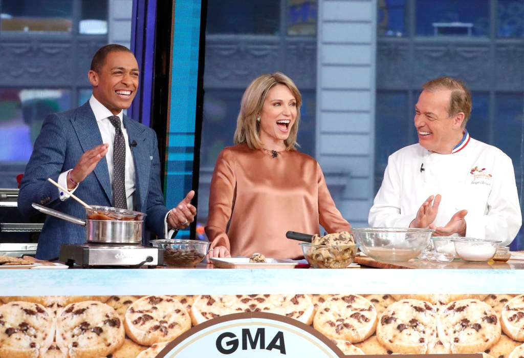 TJ Holmes, Amy Robach, and chef Jacques Torres on the set of Good Morning America.