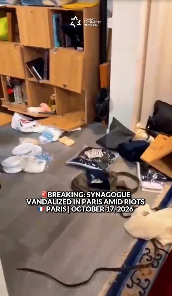 Interior of a Paris synagogue following a break-in, showing cluttered shelves and items scattered across the floor.
