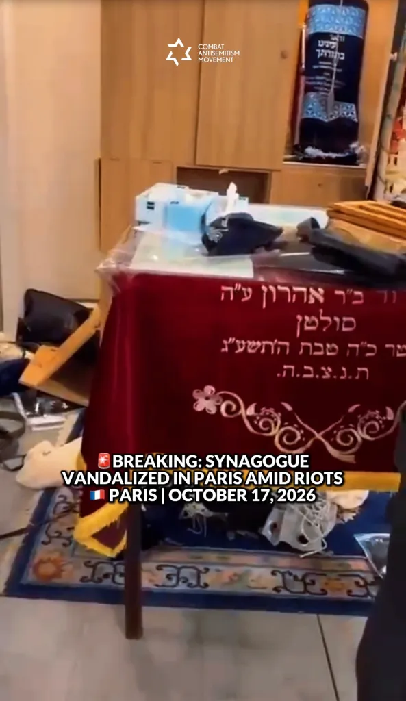The interior of a synagogue in Paris following a break-in.