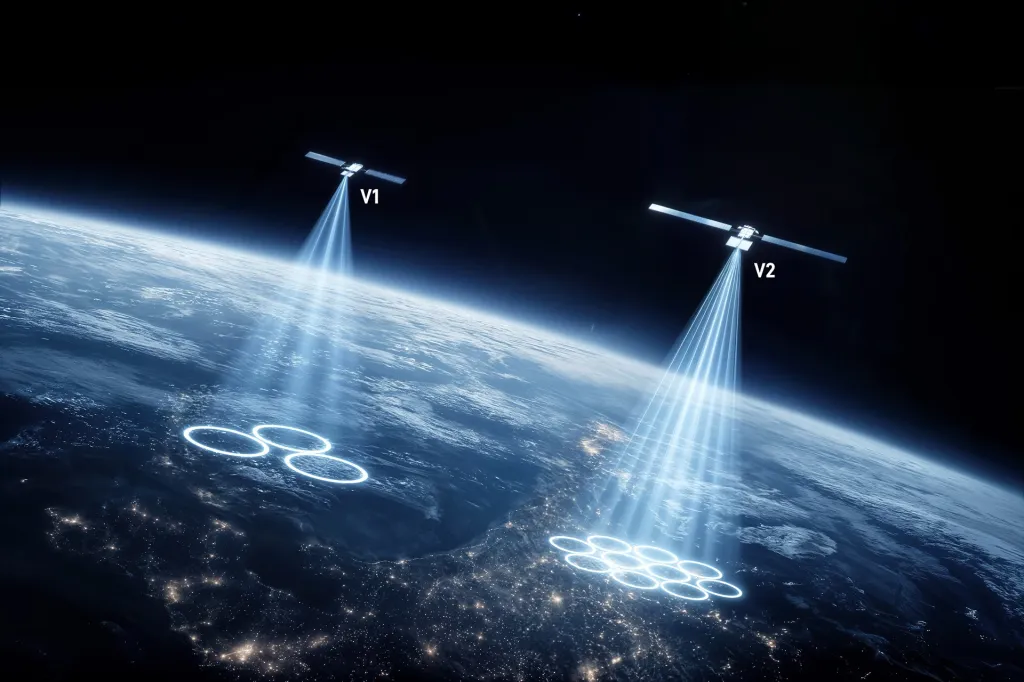 Illustration of V1 and V2 Starlink satellites in orbit above Earth, comparing their coverage beams.