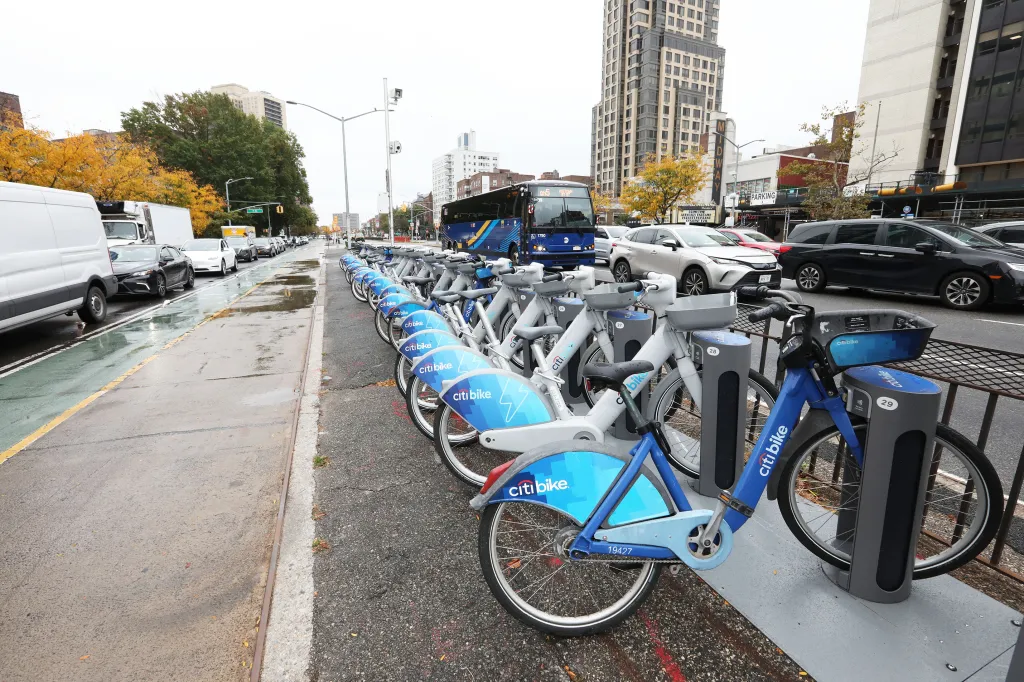 A Citi Bike station sits rarely used at Queens Boulevard and 71st Avenue in Forest Hills, Queens, N.Y., on Saturday, Aug. 15, 2026.