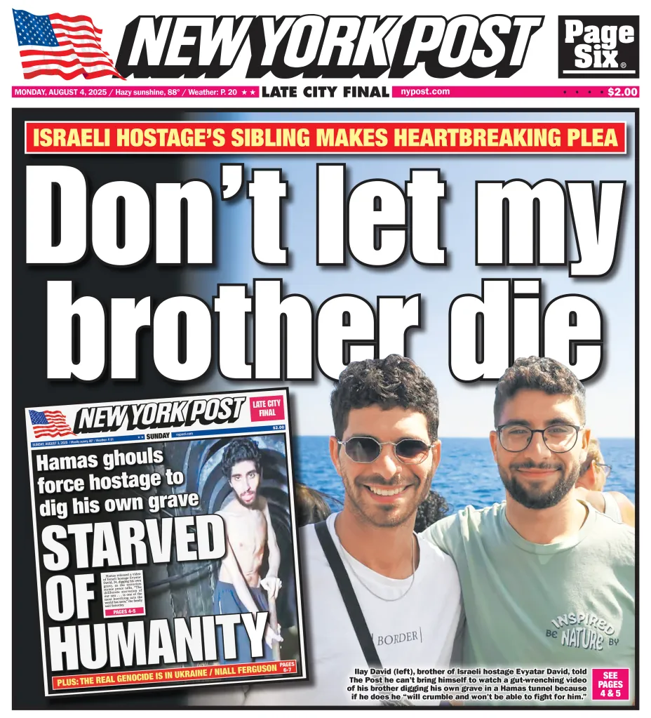 New York Post front page featuring a plea from Ilay David for his brother, Israeli hostage Evyatar David.
