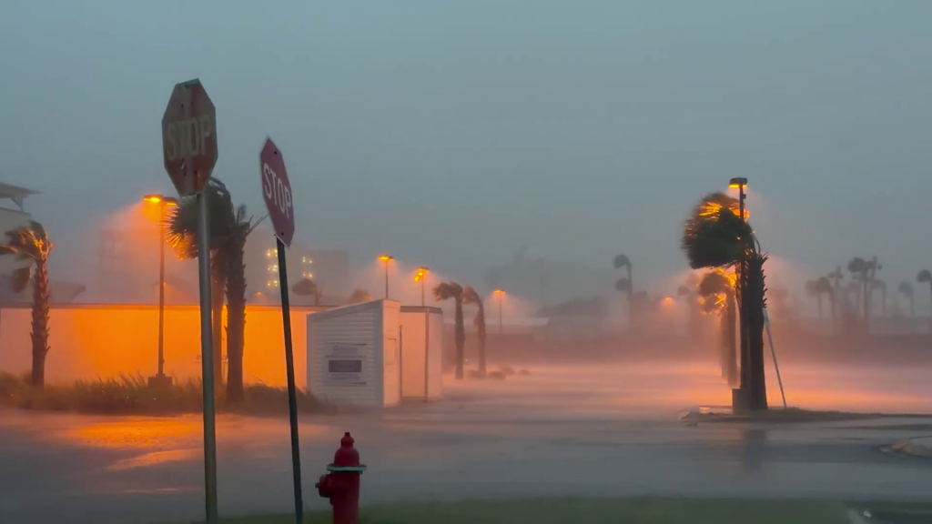 Palm trees bend in the wind and floodwaters cover the street during a severe storm.