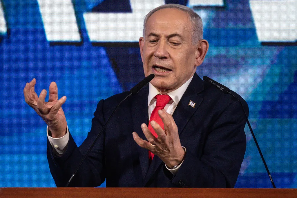 Israeli Prime Minister Benjamin Netanyahu speaks at the Likud Party election-night event.