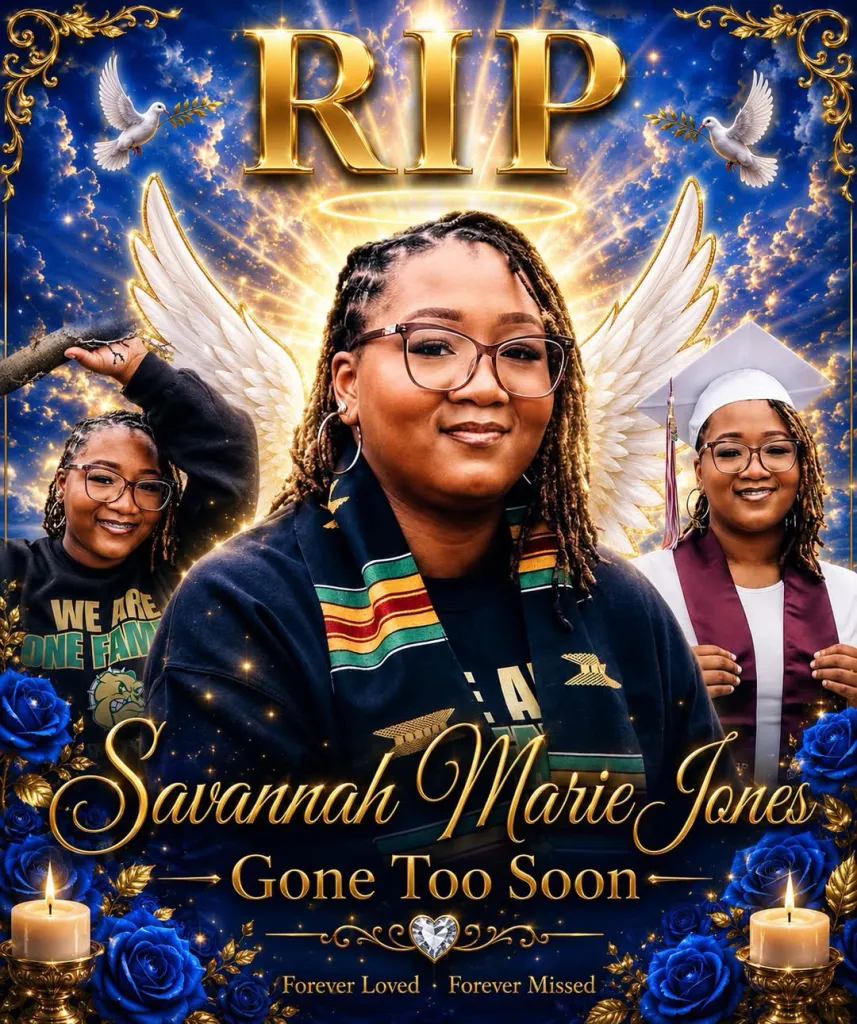 Collage of Savannah Marie Jones with angel wings, doves, and blue roses against a cloudy sky.