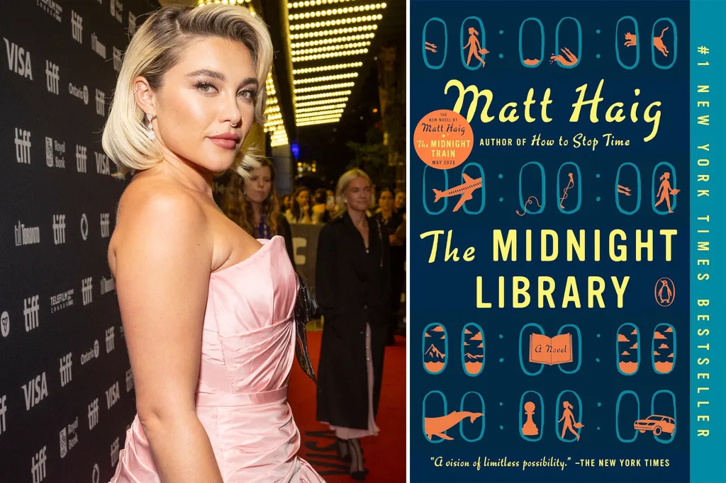 Collage of Florence Pugh in a pink gown and the book cover for 