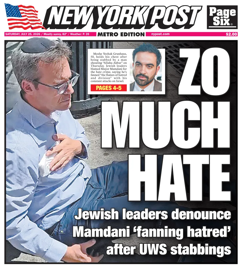 New York Post front page featuring headlines about Jewish leaders denouncing Zohran Mamdani following a stabbing attack on the Upper West Side.
